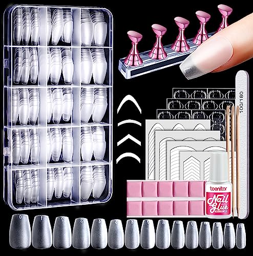 15 Sizes Matte Short Coffin Nail Tips, Teenitor 300pcs Pre-shaped Soft Gel Nail Tips with Nail Glue Set, Full Cover Press on Fake Nails with Nail Stand & French Nail Art Sticker for Nail Extensions