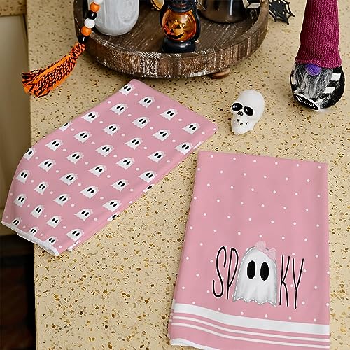 ARKENY Halloween Kitchen Dish Towels Set of 2,Pink Ghost Bowknot 18x26 Inch Drying Dishcloth,Farmhouse Home Decoration AD112