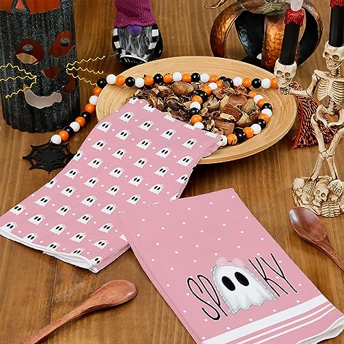 ARKENY Halloween Kitchen Dish Towels Set of 2,Pink Ghost Bowknot 18x26 Inch Drying Dishcloth,Farmhouse Home Decoration AD112