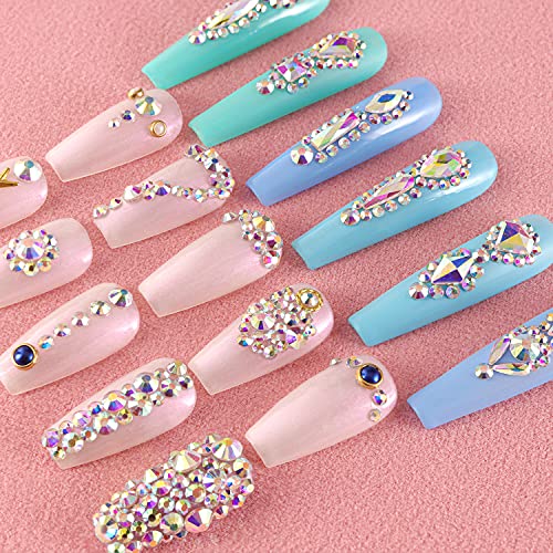 Multi Shapes 3D Glass AB Crystal Nail Art Rhinestones Kit with Flatback Round Bead Charm Gem Stone Jewelry Diamond with Pickup Pen + Tweezer for Manicure Craft Decoration by BELLEBOOST (Iridescent)