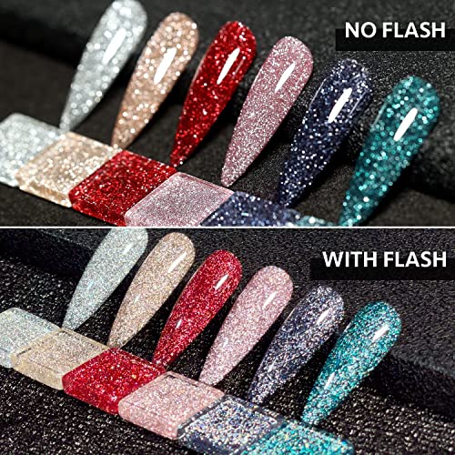 GAOY Reflective Glitter Gel Nail Polish Set of 6 Colors Including Pink Red Silver Holographic Gel Polish Kit UV LED Soak Off Nail Polish Home DIY Manicure Nail Salon Varnish