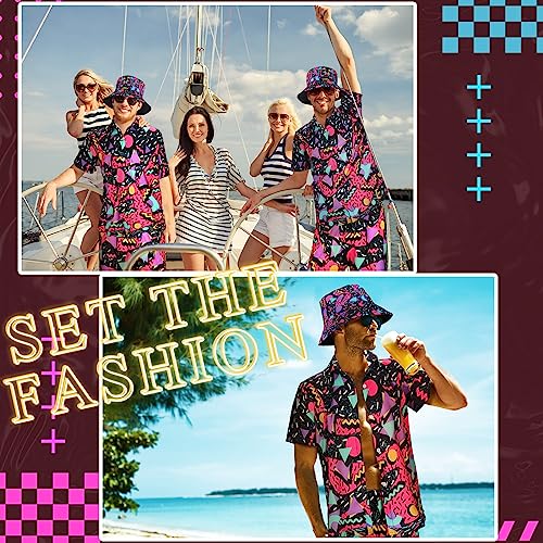 Men's 2 Pieces 70s 80s 90s Outfit Retro Shirts and Shorts Set with Hat Hawaiian Beach Tracksuits for Men Disco Party (Fresh,Medium)