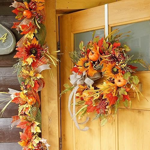 Fall Wreaths for Front Door, Sunflower Autumn Wreath, Pumpkins and Burlap Bows, for Halloween Christmas Farmhouse Indoor Outdoor Outside