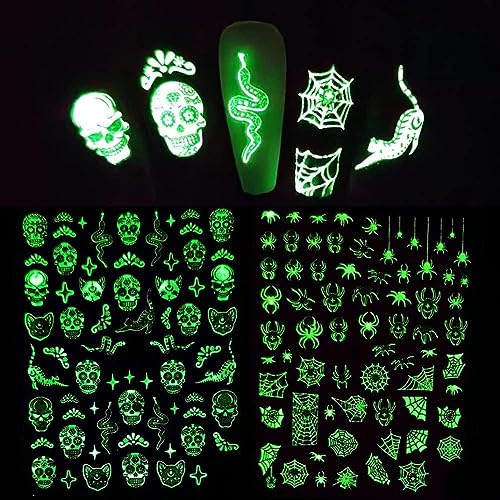 6 Sheets Halloween Nail Art Stickers Glow in Dark Nail Decals Skull Head, Bat, Spider Web, Cat, Alien Design Nail Stickers Luminous 3D Self Adhesive Decals Halloween Nail Decorations for Women Kids