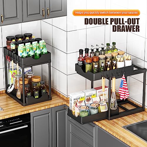 ARSTPEOE 2 Pack Double Sliding Under Sink Organizers and Storage,Two Tier Bathroom Storage and organization,Under Cabinet Organizer with Hooks,Home Organization,Black