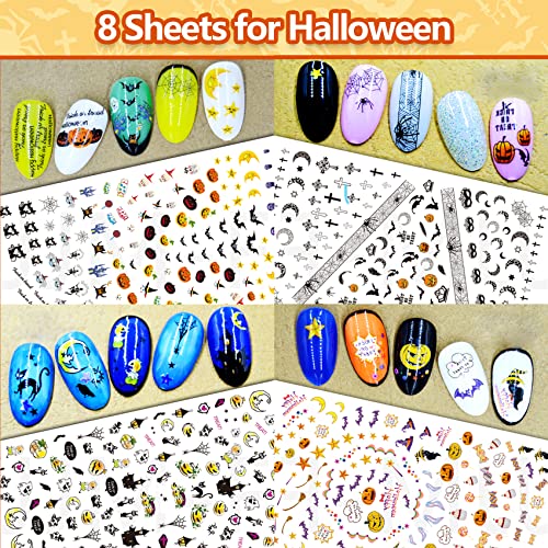 TailaiMei 16 Sheets Holiday Nail Stickers, Halloween & Thanksgiving Day Fall 3D Self-Adhesive Seasonal Nail Art Decals for Autumn DIY Nail Decorations