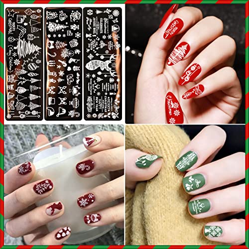 JUNEBRUSHS 10Pcs Christmas Nail Stamping Plates, 6Pcs Nail Art Templates 2 Nail Stamper 2 Scraper with Snowflakes Snowman Santa Xmas Tree Ball Elk Nail Stencils Image Plates Tools(Christmas Style)