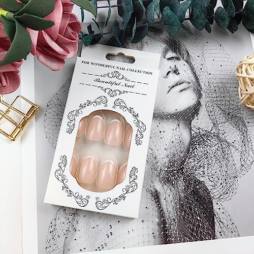 French Tip Press on Nails Short Almond Fake Nails with Elegant Designs Oval Full Cover Acrylic False Nails Set Glue on Reusable Nails Nude Stick on Static Nails for Women Girls Manicure 24Pcs