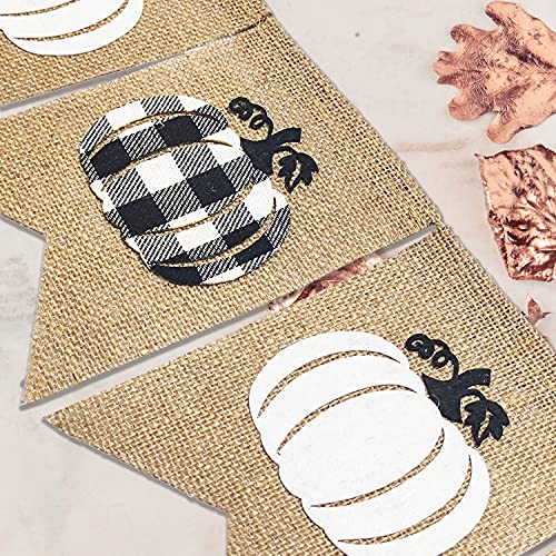 Doumeny Plaid Pumpkin Burlap Banner Buffalo Check Fall Banner Jute White Pumpkins Bunting Garland Autumn Harvest Bunting Flag Thanksgiving Party Banner for Home Wall Mantel Fireplace Farmhouse Decor