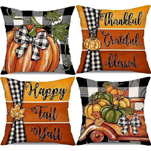 DFXSZ Fall Pillow Covers 18x18 inch Set of 4 Buffalo Check Pumpkin Truck Farmhouse Decorations Happy Fall Autumn Thanksgiving Decoration for Home Couch 120