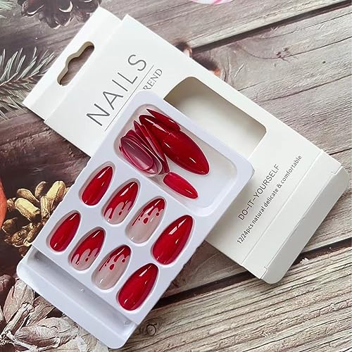 Halloween Press on Nails Almond, LPOONNDU Blood Press on Nails Halloween Medium Fake Nails, Glossy Red Glue on Nails for Women - 24Pcs Medium Almond Halloween False Nails Set