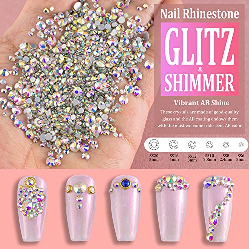 Multi Shapes 3D Glass AB Crystal Nail Art Rhinestones Kit with Flatback Round Bead Charm Gem Stone Jewelry Diamond with Pickup Pen + Tweezer for Manicure Craft Decoration by BELLEBOOST (Iridescent)