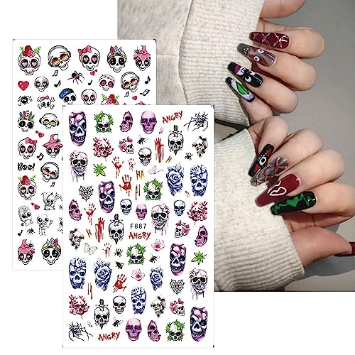 JMEOWIO 10 Sheets Halloween Nail Art Stickers Decals Self-Adhesive Pegatinas Uñas Ghost Skull Bat Horror Nail Supplies Nail Art Design Decoration Accessories