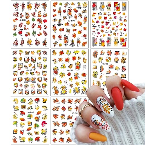 8 Sheets Fall Nail Art Stickers Decals,3D Fall Maple Leaf Nail Decals Self-Adhesive Nail Art Supplies Maple Leaves Mushroom Nail Designs Stickers Thanksgiving Day Decorations for Women DIY Nail Art