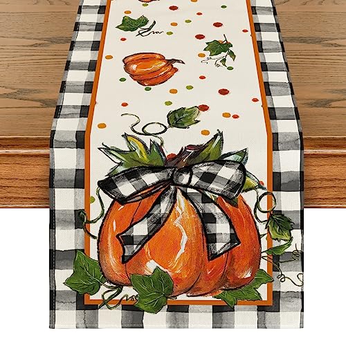 Artoid Mode Pumpkin Bow Buffalo Plaid Fall Table Runner,Seasonal Autumn Kitchen Dining Table Decoration for Home Party Decor 13x72 Inch