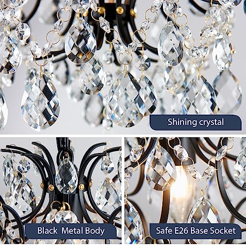 Bestier Black Modern Pendant Chandelier Crystal Raindrop Lighting Ceiling Light Fixture Lamp for Dining Room Bathroom Bedroom Livingroom entryway 1 E26 Bulbs Required D13 in x H16 in