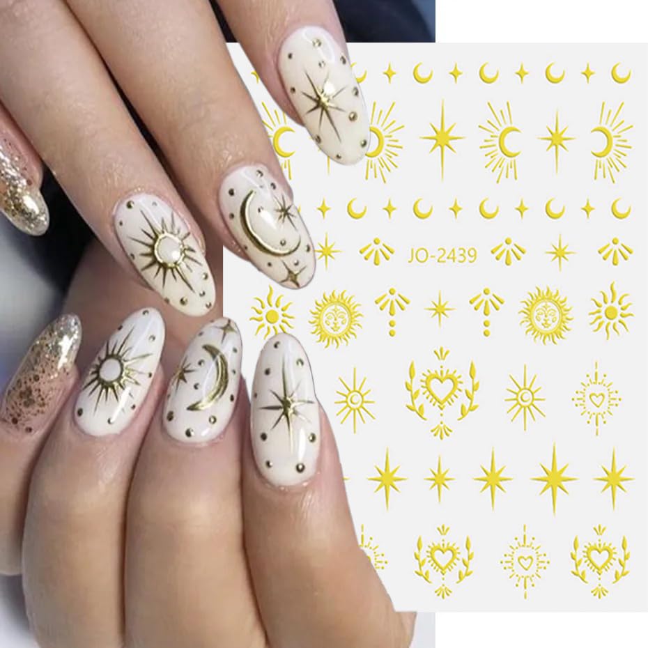 6 Sheets Star Nail Art Stickers 3D Self-Adhesive Gold Silver Sun Moon Nail Stickers Heart Nail Decals Nail Art Supplies Designs Star Moon Sun Nail Charm for Women Girls Acrylic Manicure Decorations