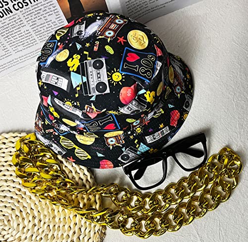 GCFIYPP 80s 90s Hip Hop Accessories Rapper Costume Reversible Bucket Hat Sunglasses Gold Plated Chain for Men Women (Black printing)