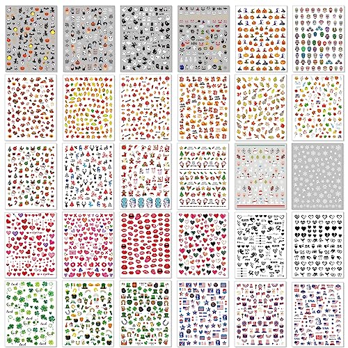 TailaiMei 30 Sheet All Holidays Nail Art Stickers, Mixed Seasons Variety Pack for Halloween Fall Christmas Valentine's Day Nail Decals, Self-Adhesive Design Year-Round Thanksgiving Nail Decorations