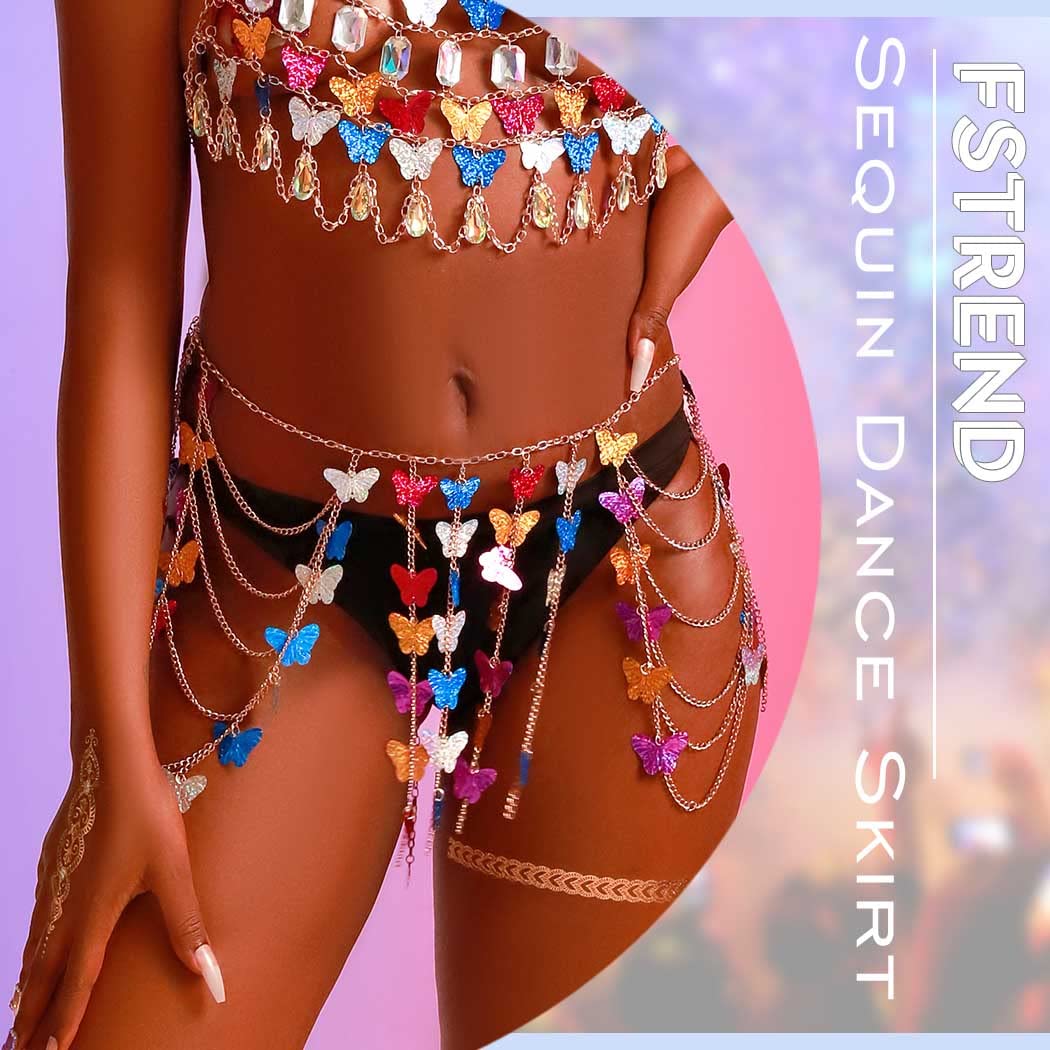 Fstrend Tassel Body Chains Gold Butterfly Sequin Dance Skirt Fringe Belly Waist Hip Chain Rave Nightclub Jewelry Accessories for Women