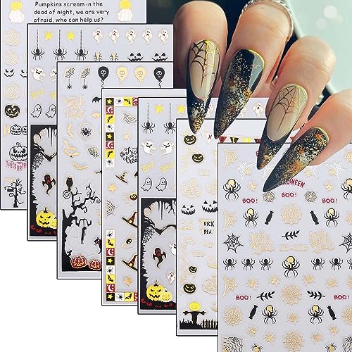 ANDGING Halloween Nail Stickers for Nail Art with 3D Gold Ghost Spider Web Bat Skull Pumpkin Design 7 Sheets Halloween Nail Decals Black Horror Self Adhesive Nail Sticker for Nail Art Decoration