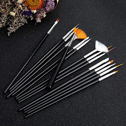 JOYJULY 20pcs Nail Art Design Tools, 15pcs Painting Brushes Set with 5pcs Dotting Pens, BLACK …