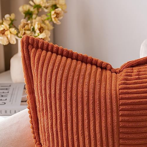 MIULEE Fall Rust Pillow Covers 18x18 Inch with Splicing Set of 2 Super Soft Boho Striped Corduroy Pillow Covers Broadside Decorative Textured Throw Pillows for Couch Cushion Livingroom