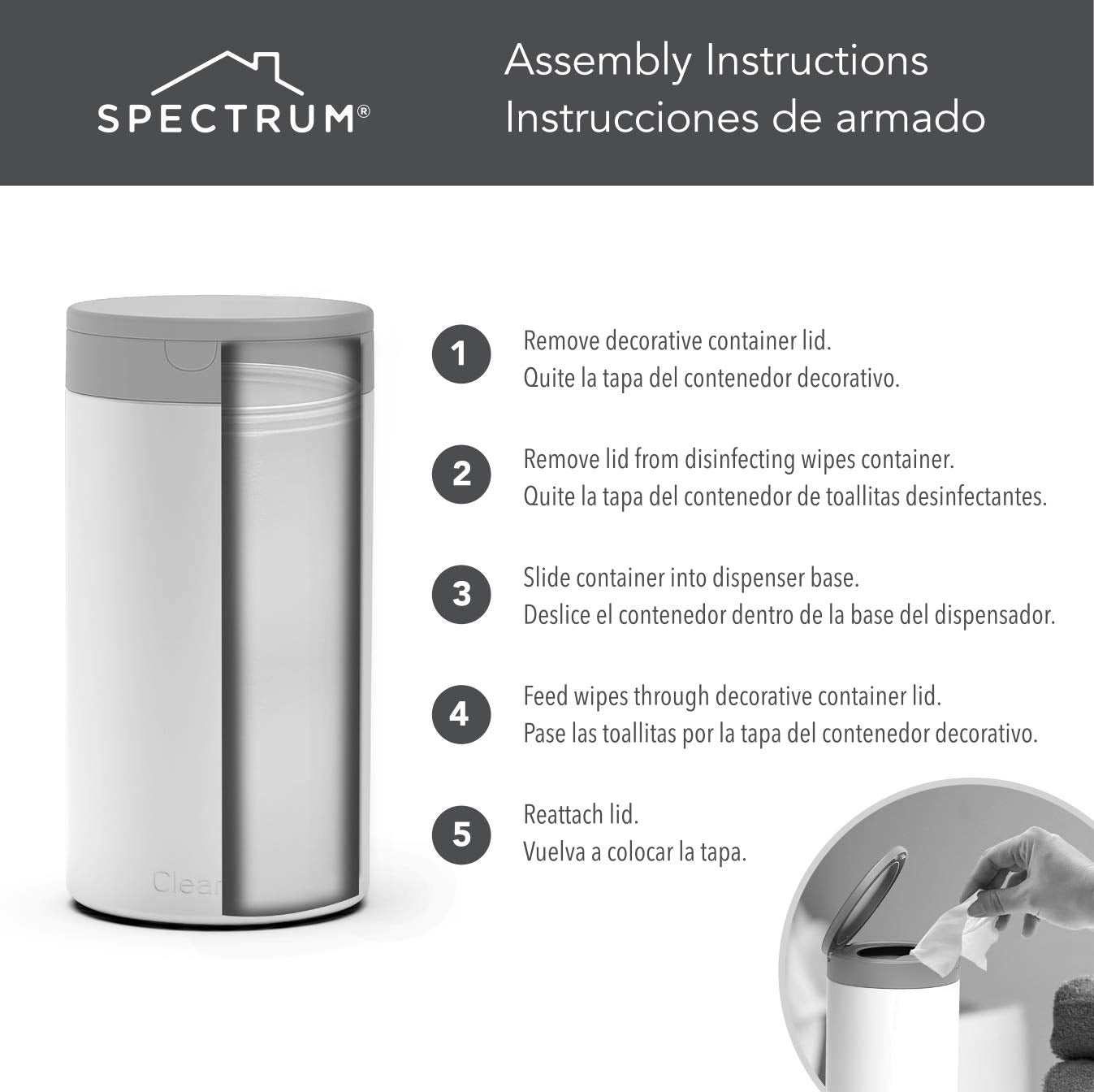 Spectrum Decorative Disinfecting Wipes Container (Black) - Refillable Dispenser for Bathroom, Kitchen, Classroom, Countertop, & Home Storage / Stainless Steel & Rust-Resistant