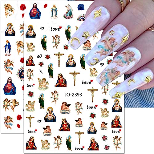 Dornail 12 Sheets Virgin Mary Nail Art Stickers, Christian Jesus San Judas Nail Stickers 3D Self-Adhesive Nail Design Baby Angel Wings Nail Decals for Women DIY Nail Decorations for Nail Art Supplies