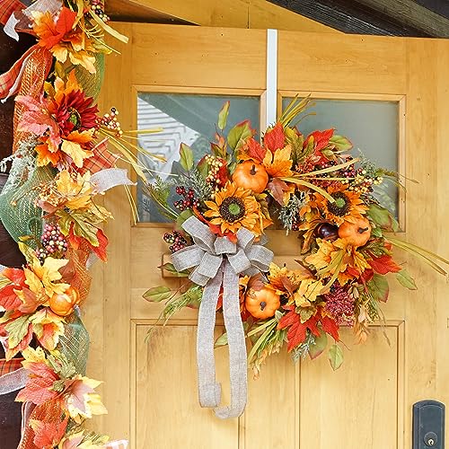 Fall Wreaths for Front Door, Sunflower Autumn Wreath, Pumpkins and Burlap Bows, for Halloween Christmas Farmhouse Indoor Outdoor Outside