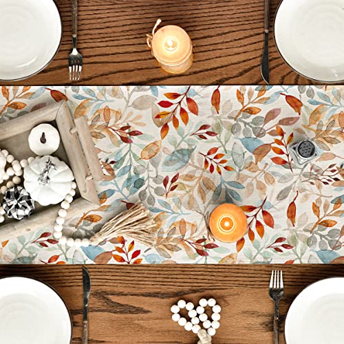 Artoid Mode Beige Eucalyptus Leaves Fall Table Runner, Seasonal Autumn Kitchen Dining Table Decoration for Outdoor Home Party 13x72 Inch