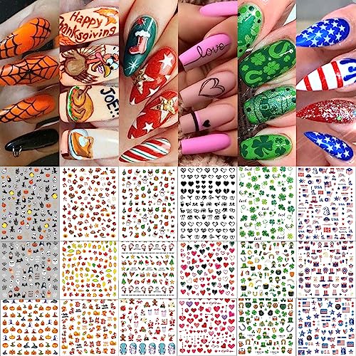 TailaiMei 30 Sheet All Holidays Nail Art Stickers, Mixed Seasons Variety Pack for Halloween Fall Christmas Valentine's Day Nail Decals, Self-Adhesive Design Year-Round Thanksgiving Nail Decorations