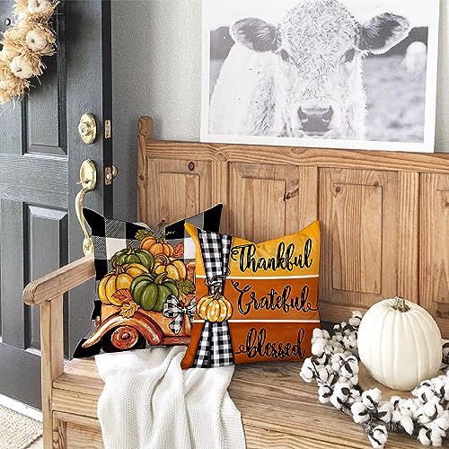 DFXSZ Fall Pillow Covers 18x18 inch Set of 4 Buffalo Check Pumpkin Truck Farmhouse Decorations Happy Fall Autumn Thanksgiving Decoration for Home Couch 120