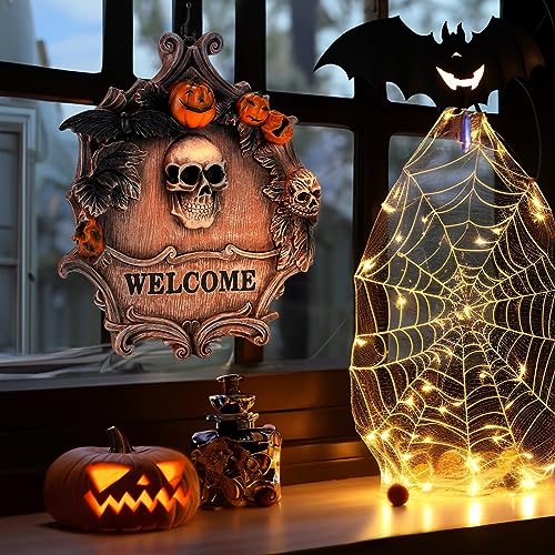 Halloween Decoration 3D Skeleton Welcome Sign Front Door Decoration, Scary Wall Decoration for Party Castle Haunted House Home Decor