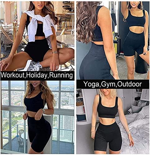 TWFRHC Women's Workout Sets Ribbed Tank 2 Piece Seamless High Waist Gym Outfit Yoga Shorts Sets