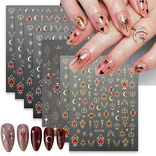 8 Sheets Gold Sun Star Nail Art Stickers Bronzing Moon Nail Decals 3D Self-Adhesive Red Heart Nail Stickers Exquisite Glitter Rose Gold Silver Star Moon Design Women Girls for DIY Nail Decorations 