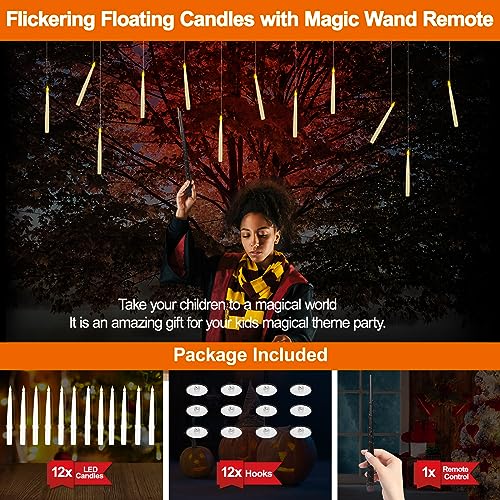 Halloween Decorations,12Pack Floating Candles with Magic Wand Remote,Flameless Taper Candles Flickering Warm Light LED Floating Candles Hanging For Harry Potter Christmas Birthday Party Home Decor