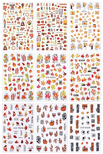 JMEOWIO 9 Sheets Fall Autumn Nail Art Stickers Decals Self-Adhesive Pegatinas Uñas Pumpkin Maple Leaf Thanksgiving Nail Supplies Nail Art Design Decoration Accessories