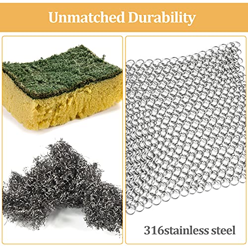 AMAGABELI GARDEN & HOME 8"x6" Stainless Steel Cast Iron Cleaner 316 Chainmail Scrubber for Cast Iron Pan Pre-Seasoned Pan Dutch Ovens Waffle Iron Pans Scraper Cast Iron Grill Scraper Skillet Scraper