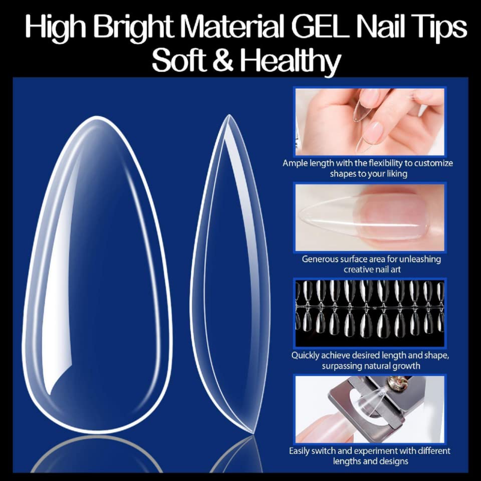 UNA GELLA Almond Fake Nails 504pcs - Medium Almond Press on Nails Clear Almond Gel Nails Tips for Full Cover Acrylic Almond Nails False Nails For Nail Extension Nail Art, Home DIY Nail Salon 12 Sizes Gelly Tips