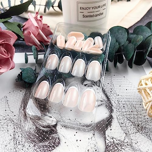 French Tip Press on Nails Short Almond Fake Nails with Elegant Designs Oval Full Cover Acrylic False Nails Set Glue on Reusable Nails Nude Stick on Static Nails for Women Girls Manicure 24Pcs