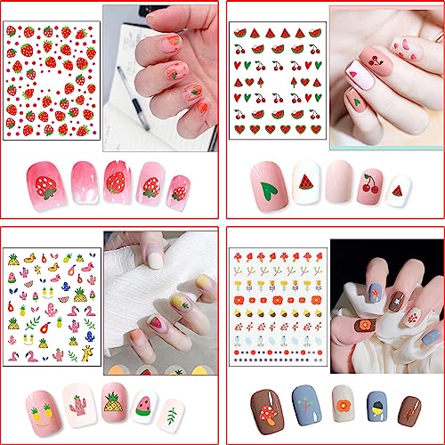 24 Sheets Nail Stickers for Kids, Cute Nail Art Decals for Little Girls, 3D Self-Adhesive Flowers Fruits Leaves Rainbow Hearts Mermaid Snow Nail Decoration for Women, DIY Manicure Supplies Accessories