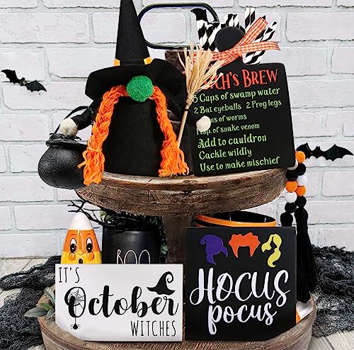 Halloween Decorations - Halloween Decor - Farmhouse Tiered Tray Decor Items - 3 Rustic Wooden Signs, Cute Witch Cauldron Gnomes Plush and Beads Garland for Fall Indoor Home Table Room Kitchen Office