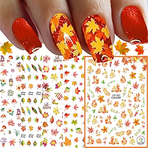 Fall Nail Stickers, 3D Self-Adhesive Autumn Nail Decals Maple Leaf Nail Art Design for Acrylic Nails Thanksgiving Nail Accessories for Women Girls Kids (8 Sheets)
