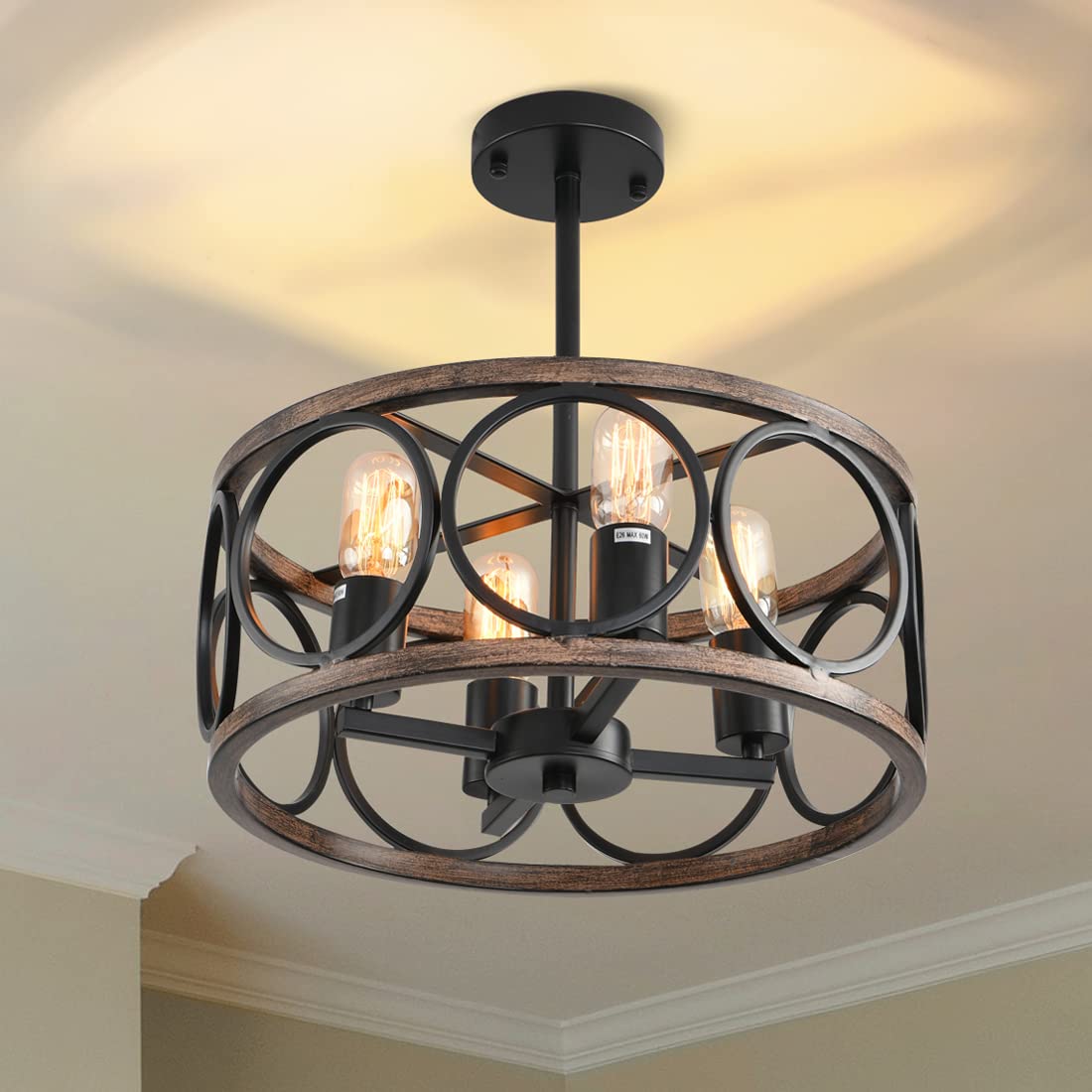 Light Fixtures Ceiling Mount,4-Lights Semi Flush Mount Ceiling Light Fixture,17.71" Black Dining Room Chandelier Rustic Drum Chandelier Pendant Light Fixture with Wood Grain Finish for Kitchen