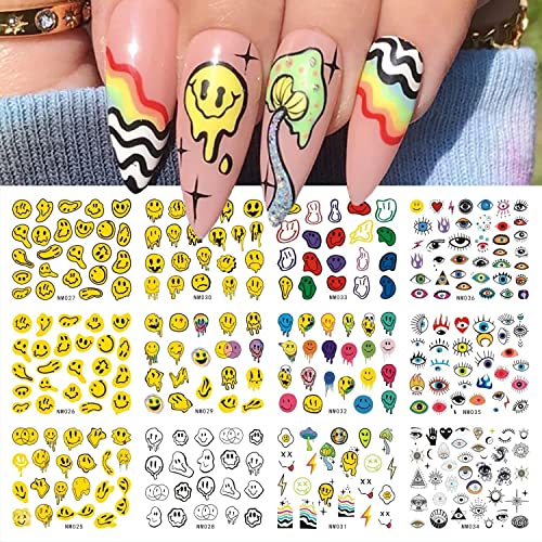 12 Sheets Abstract Smiling Face Evil Eye Nail Art Stickers Water Transfer Nail Decals 3D DIY Nail Designs Nail Decorations for Women,Kids