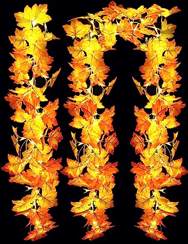 2 Packs Fall Decorations Fall Garland with Lights, 20ft 50 LED Total Lighted String Fall Garland. Autumn Maple Leaves Garland with Light Battery Operated Home Decor Thanksgiving Halloween Christmas