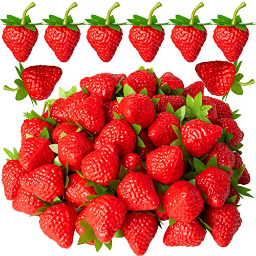 CLESDF Artificial Red Strawberries, 40Pcs Fake Lifelike Fruit Plastic Strawberries for Home Kitchen Party Decor Photography Prop