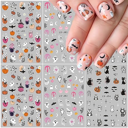 6 Sheets Halloween Nail Art Stickers Cute Ghost Nail Decals Pumpkin Skull Spooky Nail Design Decals Horror Bloody Gothic Nail Stickers for Women Girls Nail Art Decoration Charms