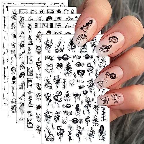 6 Sheets Sexy Girls Nail Art Stickers Black White Nail Decals Bad Girls Nail Supplies 3D Self Adhesive Snake Flower Ghost Designs Nail Stickers for Women Girls Sexy Acrylic Nails Manicure Decoration